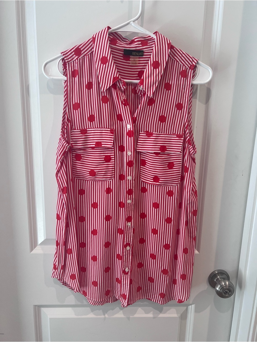 Renuar Red and White Polka Dot Striped Sleeveless Button Front Top Size Medium